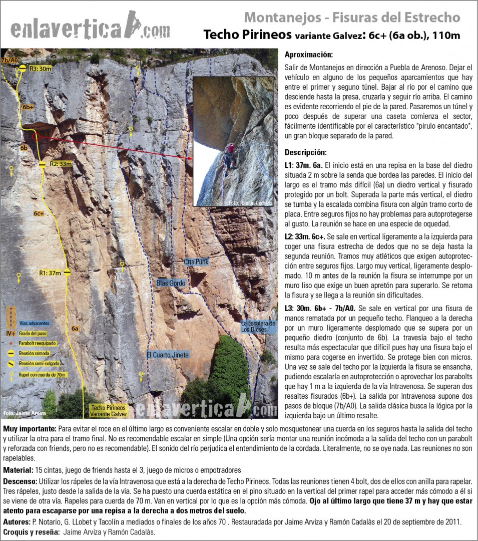Croquis Techo Pirineos  - Reseña de la vía Techo Pirineos variante Galvez en Montanejos, restaurada por Jaime Arviza y Ramón Cadalás. 