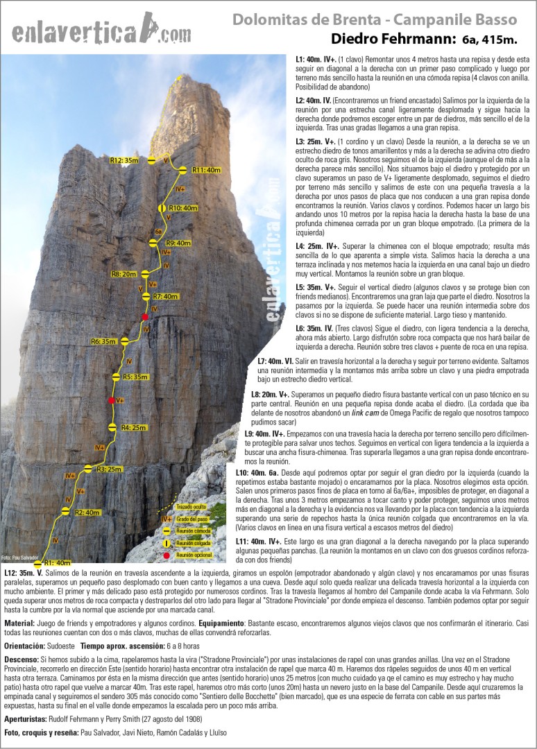 Croquis vía Fehrmann  - Reseña de la clásica vía Fehrmann al Campanile Basso, en las Dolomitas de Brenta. 