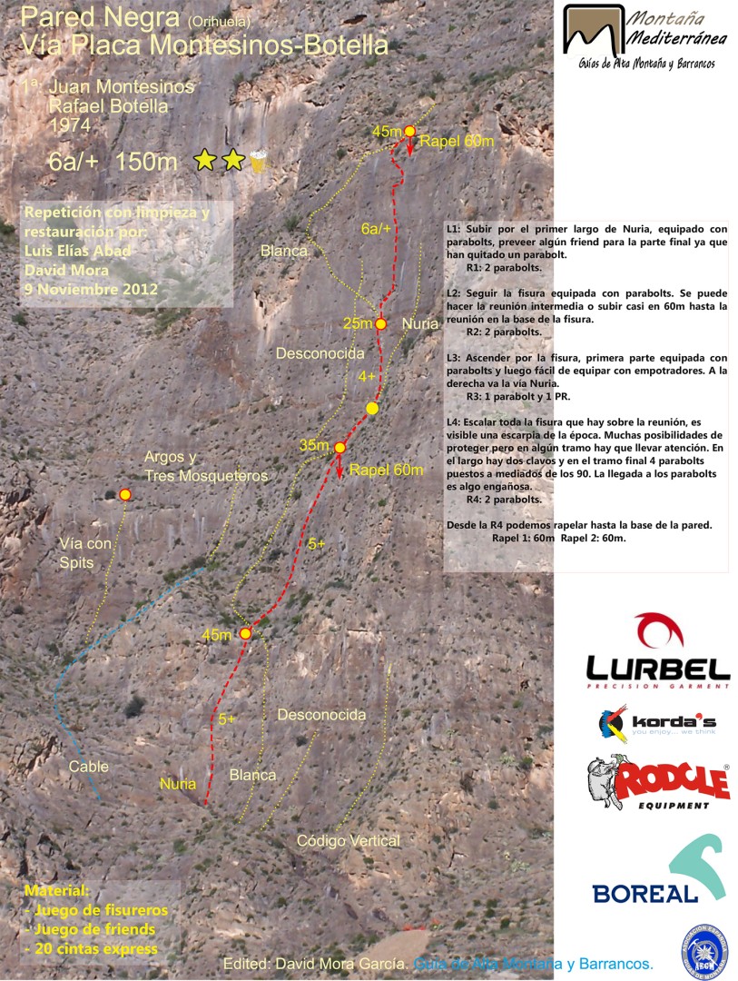 Croquis de la placa Montesinos-Botella  - Reseña sobre fotografía a color de la vía placa Montesinos-Botella a la Pared Negra 