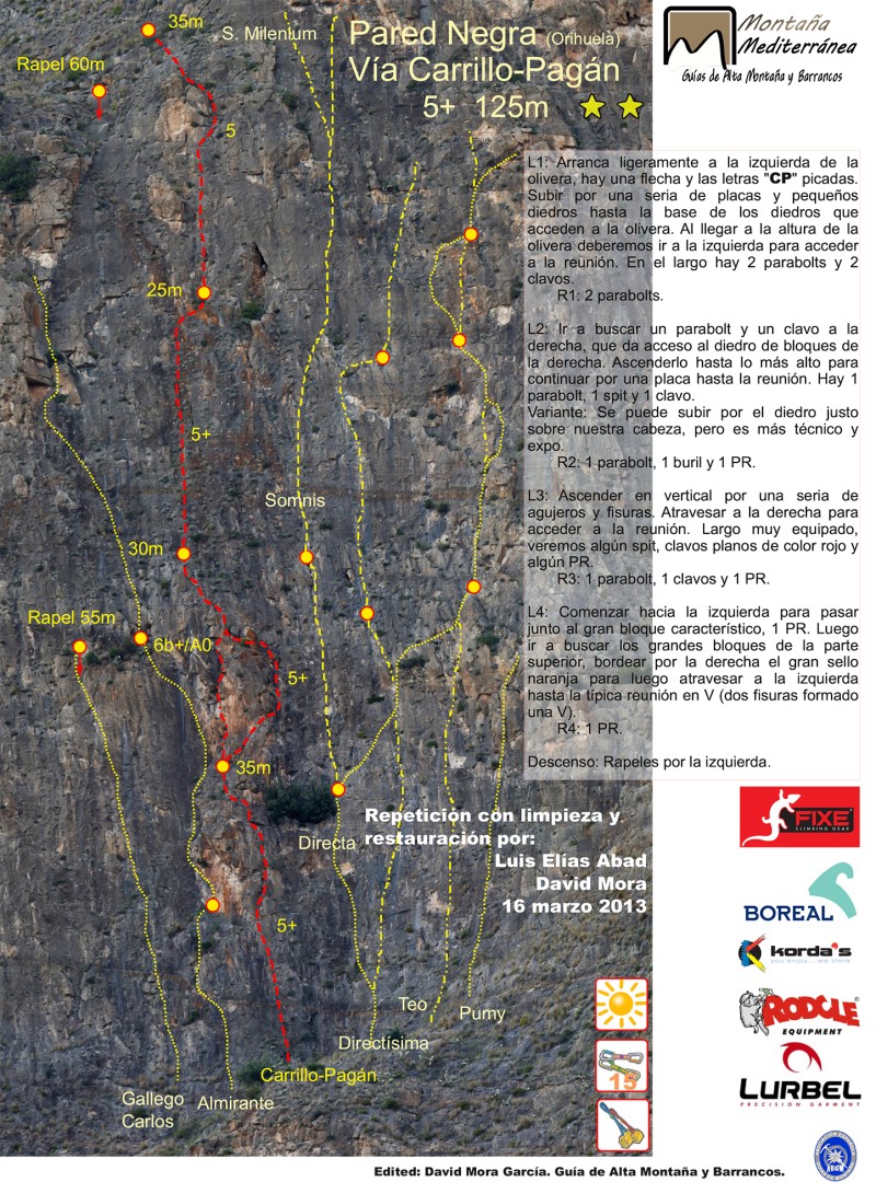 Croquis de la vía Carrillo-Pagán  - Reseña sobre fotografía a color de la vía Carrillo-Pagán a la Pared Negra de Orihuela. 