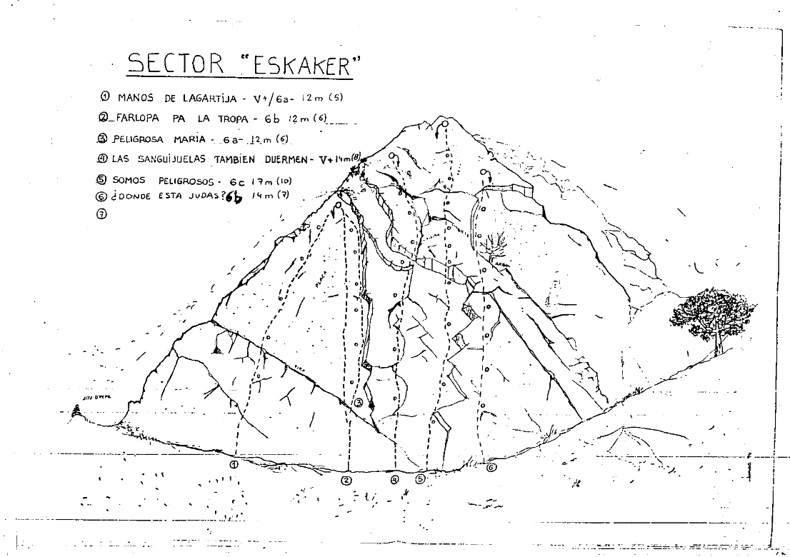 Croquis sector Eskaker  - Croquís de la Escuela de Cabecín "La Marea" por Jorge Morán (1994).
Visto en www.vizcares.com/ 