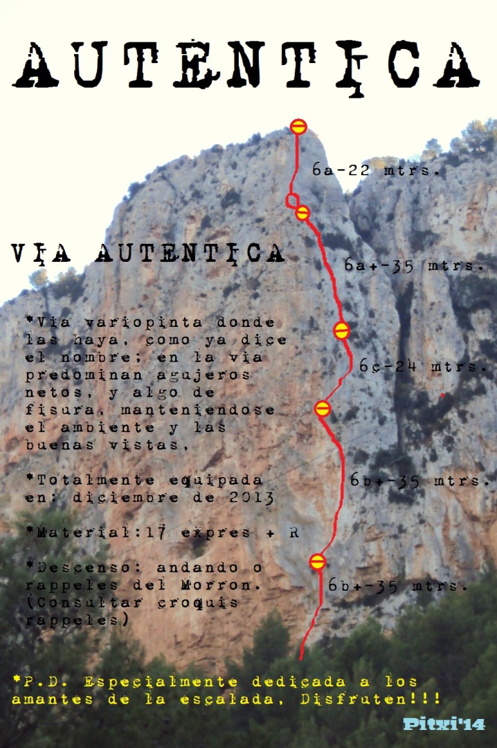 Croquis de la vía Auténtica  - Reseña sobre fotografía a color de la vía Auténtica al risco del Morrón, en Montanejos. 