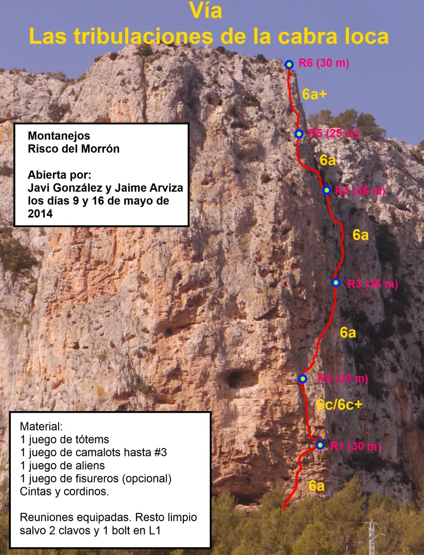 Croquis de Las tribulaciones de la cabra loca  - Reseña sobre fotografía a color de la vía del Risco del Morrón, Las tribulaciones de la cabra loca. 