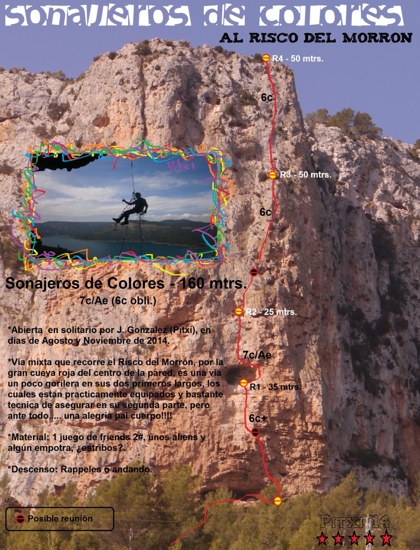 Croquis de Sonajeros de colores  - Reseña sobre fotografía a color de la vía Sonajeros de colores, al Risco del Morrón, en Montanejos. 