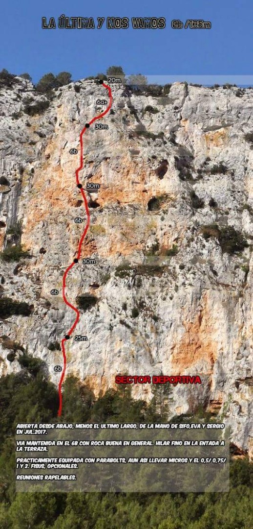 Croquis de la última y nos vamos al risco del Morrón  - Reseña sobre fotografía a color de la vía La última y nos vamos del Morrón. 