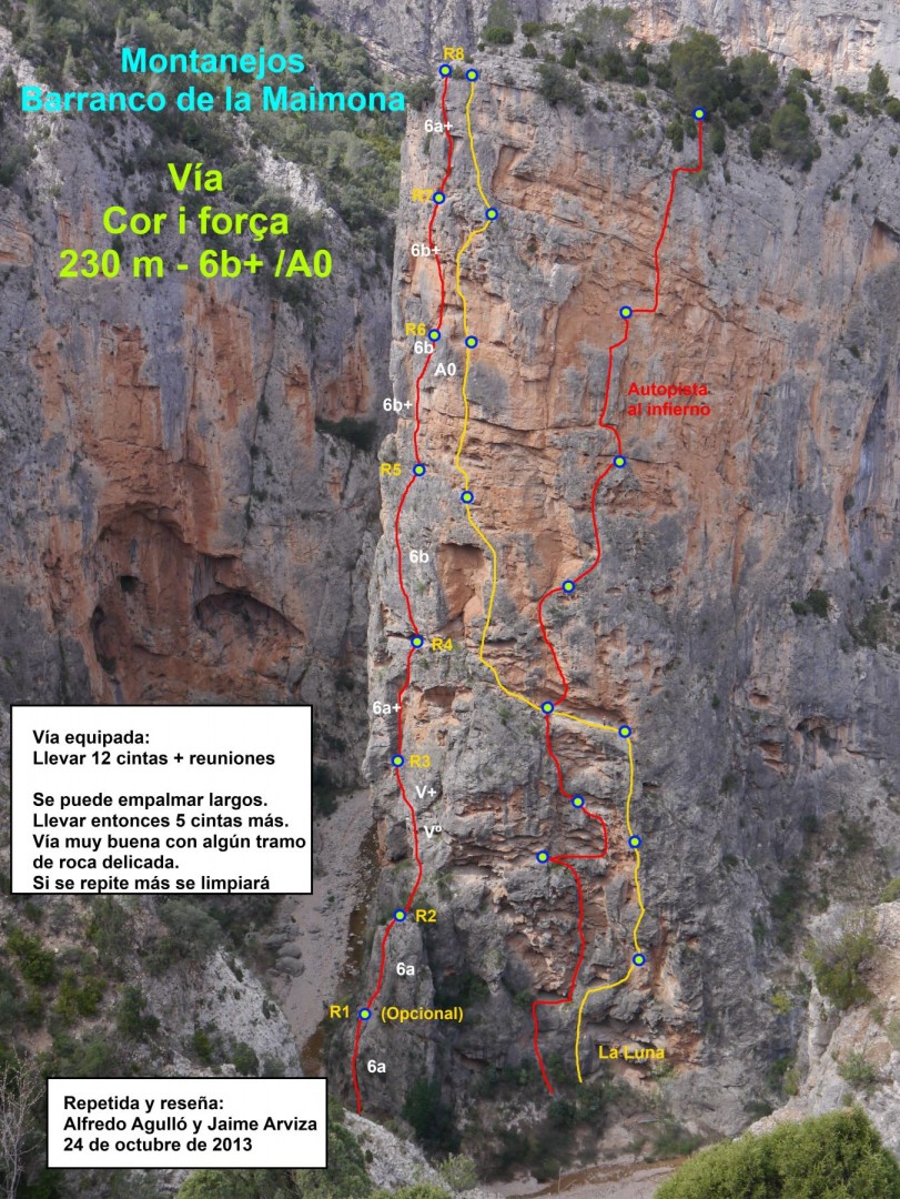 Croquis de la vía Cor i força  - Reseña sobre fotografía a color de la vía Cor i Força, en el espolón de los Agujeros, barranco de la Maimona, Montanejos. 