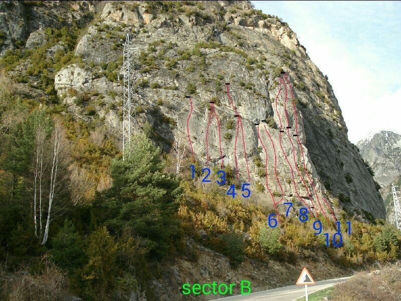 forronias sector B  - 1- Al truyo que es lo tuyo 6a
2- Solo para yayos V+
3-Dedo muerto 6b
4- Nais ti tain / tiempo de te 6b
5- Espolon cascorro 6a+
6- Vainilla V+
7- Oreja de oso 6a+
8-Edelweis L1 V+ (semiequip) L2 6a
9- Mano blanca 6a+ (semiequip)
10- Mano Sangrante  6a+ (limpia)
11- Espolón zeus L1 IV+ L2 6b+
12- variante espolón V+
 