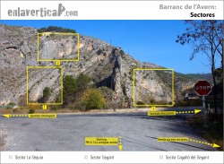 Croquis Barranc de l'Avern  - Reseña de la localización de tres sectores del Barranc de l'Avern a la izquierda de la carretera Ontinyent - Bocairent, sentido Bocairent 
