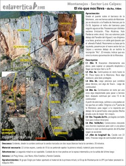 Reseña El río que nos lleva  - Croquis de la vía El río que nos lleva, con detalles de los largos 6 y 5 donde aparece Ramón Cadalàs, uno de los aperturistas y equipadores, el día que le dio los últimos retoques al equipamiento de esta hermosa vía. 