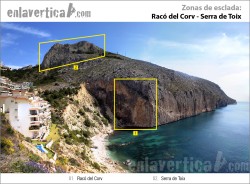 Croquis zonas Corv i Toix  - Reseña de la ubicación de las zonas de escalada de el Racó del Corv i la Serra de Toix 
