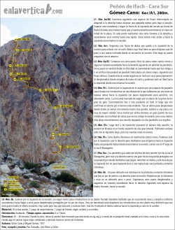 Croquis Gómez-Cano  - Reseña de la vía Gomez-Cano en la cara sur del Peñón de Ifach. Una de las grandes clásicas del Peñón, fue la primera vía abierta en esta cara. Sin duda no nos dejará indiferentes. Cuenta con tres partes claramente diferenciadas, los primeros tres y los últimos tres largos nos harán escalar y en medio una transición que nos dará un respiro sorteando varias bóvedas por terreno sencillo. Guarda lo mejor y más duro para el final. 