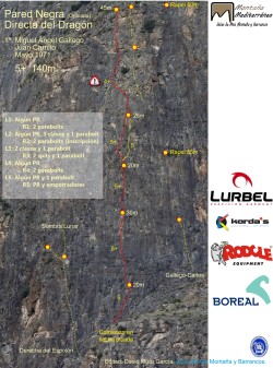 Croquis de la Directa del dragón  - Reseña sobre fotografía a color de la vía clásica Directa del dragón a la Pared Negra. 