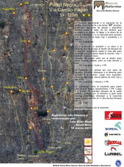 Croquis de la vía Carrillo-Pagán  - Reseña sobre fotografía a color de la vía Carrillo-Pagán a la Pared Negra de Orihuela. 