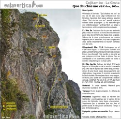 Vía Que chuchas me ves  - Orientada al Sur-este, “Qué chuchas me ves” es una vía de pura placa (algo tumbada) que nos forzará a movernos. Con pasos aéreos y algunos alejes “Qué chuchas que ves” pondrá a prueba nuestro factor psicológico. La vía transcurre por dos evidentes placas y un trepe fácil. Los largos y las reuniones están completamente equipados. 