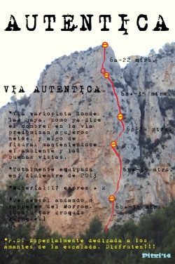 Croquis de la vía Auténtica  - Reseña sobre fotografía a color de la vía Auténtica al risco del Morrón, en Montanejos. 