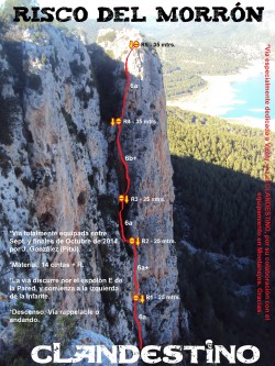 Croquis de El Clandestino al risco del Morrón  - Reseña sobre fotografía a color de la vía El Clandestion (6b+), 135m al risco del Morrón, Montanejos. 