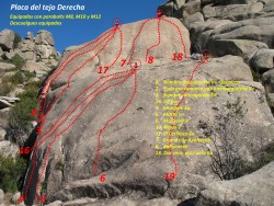 Placa del Tejo-Derecha  - Actualización y puesta al día de vías en la placa del Tejo (derecha) de croquis existente.
Hecho con las indicaciones e información del aperturista José Luis Serrano, quien es el creador de muchas de las vías de la zona. 
