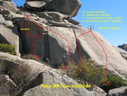Placa del Tejo-Izquierda  - Actualización y puesta al día de vías en la placa del Tejo (izquierda) de croquis existente.
Hecho con las indicaciones e información del aperturista José Luis Serrano, quien es el creador de muchas de las vías de la zona.
 