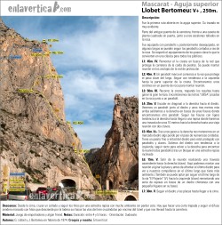 Croquis Llobet Bertomeu  - Fue la primera ruta abierta en la aguja superior. Su trazado es muy evidente.
Parte del antiguo puente de la carretera, frente a una caseta de planta cuadrada sin puerta, junto a unos escalones tallados en la roca.
Fue equipada con parabolts y posteriormente desequipada, en algunos largos se pueden seguir los parabolts cortados a ras de la roca. Se respetó el equipamiento de los pasos clave lo que la convierten en una clásica para todos los públicos. 