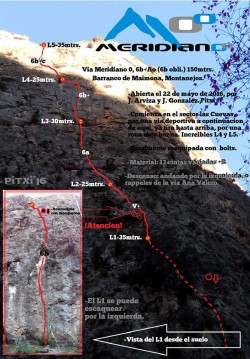 Croquis de la vía Meridiano 0  - Reseña sobre fotografía a color de la vía Meridiano 0 en el Barranco de la Maimona 
