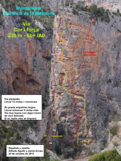 Croquis de la vía Cor i força  - Reseña sobre fotografía a color de la vía Cor i Força, en el espolón de los Agujeros, barranco de la Maimona, Montanejos. 