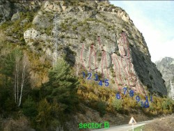 forronias sector B  - 1- Al truyo que es lo tuyo 6a
2- Solo para yayos V+
3-Dedo muerto 6b
4- Nais ti tain / tiempo de te 6b
5- Espolon cascorro 6a+
6- Vainilla V+
7- Oreja de oso 6a+
8-Edelweis L1 V+ (semiequip) L2 6a
9- Mano blanca 6a+ (semiequip)
10- Mano Sangrante  6a+ (limpia)
11- Espolón zeus L1 IV+ L2 6b+
12- variante espolón V+
 