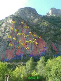 sector D  - Forronias sector D

1- Kikarron   7b
2- Alta tensión 6c+
3-Panticosa es otra cosa 6a
4- Terror verde 6b+
5- Escorpio L1 6a L2 6a l3 6b L4 6a
6- M1 6b+
7- M2 6b+
8- M3 6a
9- M4 6a
10- M5 6a
11- Virgo L1 V+ L2 V+ L3 Ae L4 IV+
12- No toques a mi abuela						
13- Panticutos en acción
14- Ojo al ciego L1 V+ L2 6a (Ae)				        15- Jacetania 7b
16- Poli Maeso 6a
Nueva- L1 V+ L2 6c+?
Nueva- 6a+
17- Libra 6b
18- Piscis 6b
19- Autobiescas 7b
20- Viaje especial 6b+
21- De bodorrio por Logroño 
22- Lo macho mairal 7a
23- Treintañitis 7a
24- Tauro 6a
25- Sagitario 6a
 