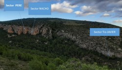 Situación de los sectores del Cerro Las Cabras  - Fotografía donde se indican las paredes de los distintos sectores del Barranco de las Cabras cercano a la población de Villar del Arzobispo. 